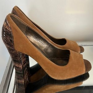 Andrew Geller Suede Peep Toe Shoe with Snake Print Heel